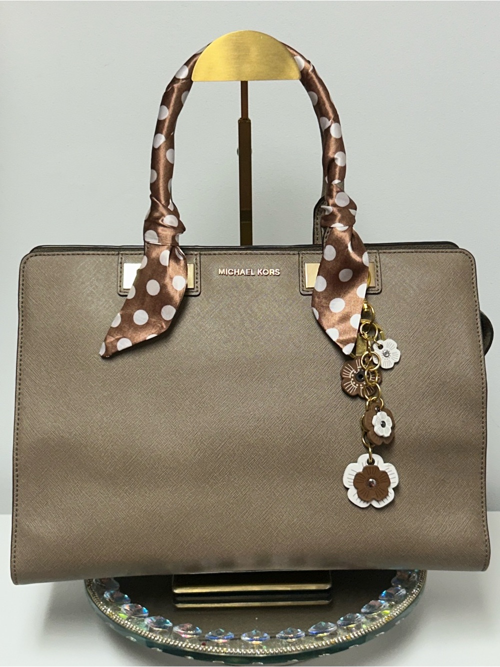 Michael Kors Taupe Saffiano Satchel w/ Polka Dot Handle Wraps Approx. 13x10x4
